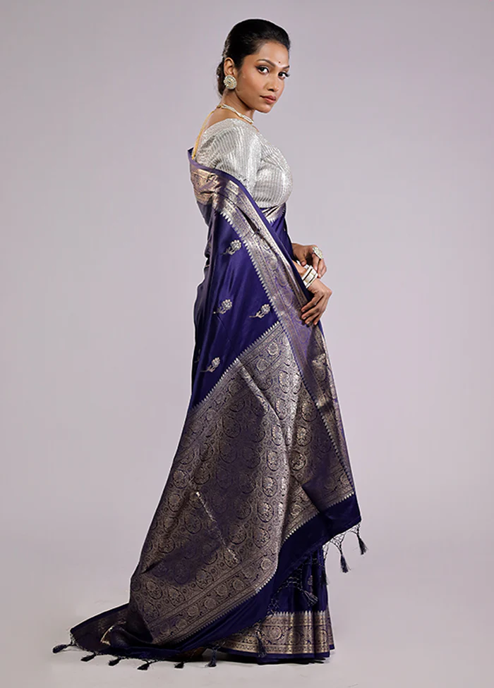 Blue Dupion Silk Saree With Blouse Piece - Image 4