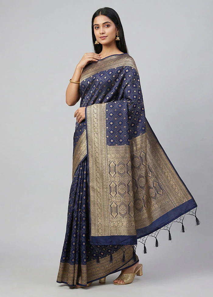 Blue Dupion Silk Saree With Blouse Piece