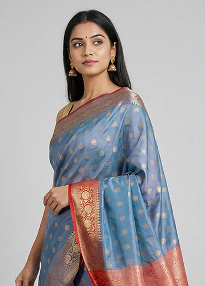 Blue Dupion Silk Saree With Blouse Piece - Image 2