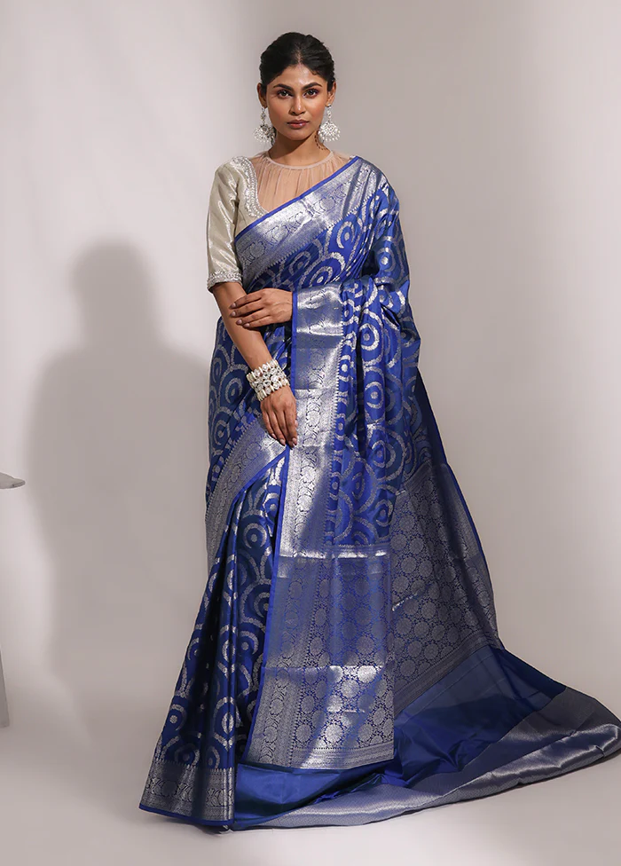 Blue Dupion Silk Saree With Blouse Piece - Image 2