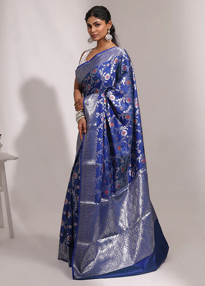 Blue Dupion Silk Saree With Blouse Piece - Image 3