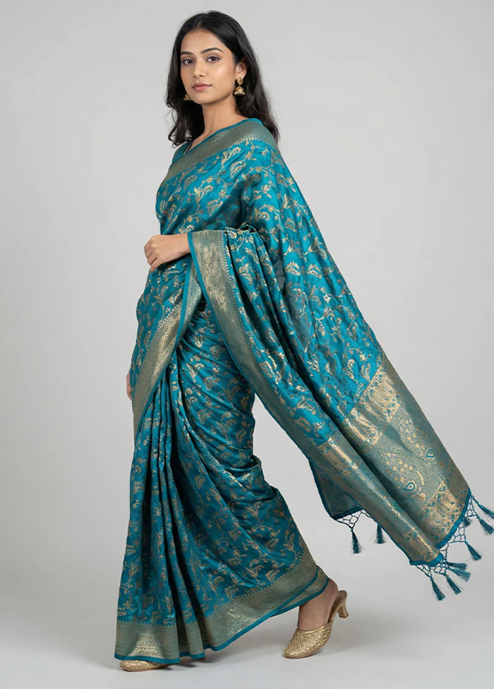 Blue Dupion Silk Saree With Blouse Piece