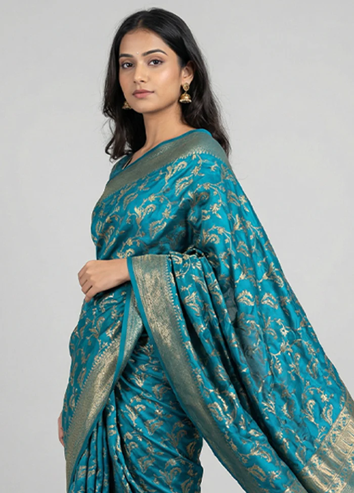 Blue Dupion Silk Saree With Blouse Piece - Image 2