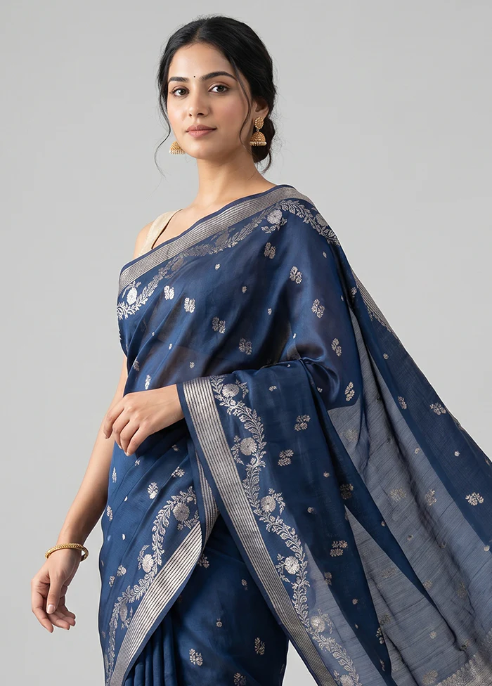 Blue Dupion Silk Saree With Blouse Piece - Image 2