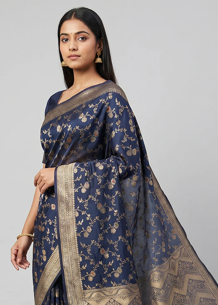 Blue Dupion Silk Saree With Blouse Piece - Image 2