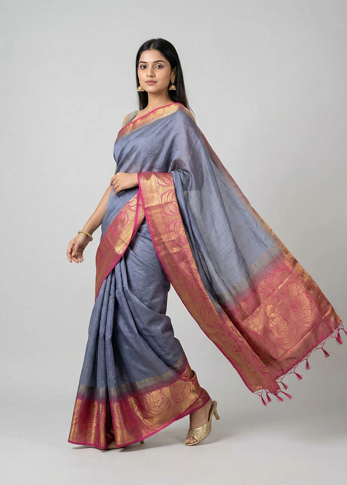 Blue Dupion Silk Saree With Blouse Piece