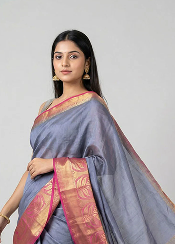 Blue Dupion Silk Saree With Blouse Piece - Image 2
