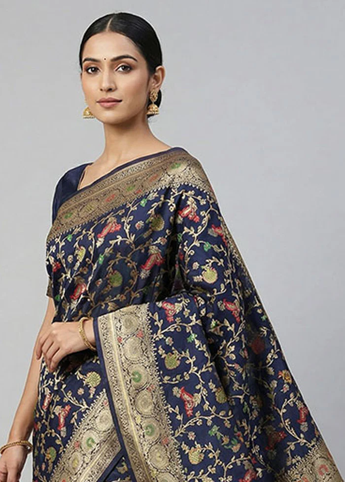 Blue Dupion Silk Saree With Blouse Piece - Image 2