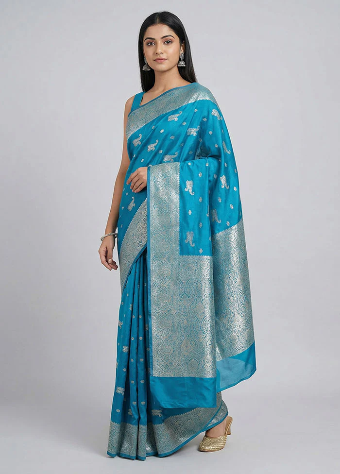 Blue Dupion Silk Saree With Blouse Piece