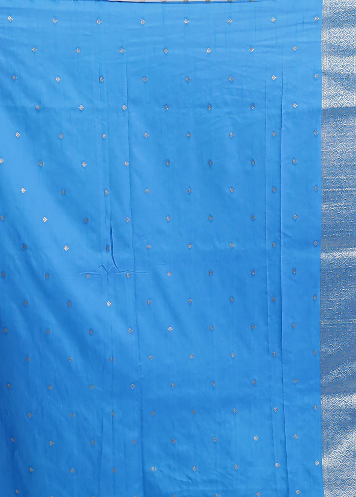 Blue Dupion Silk Saree With Blouse Piece - Image 5