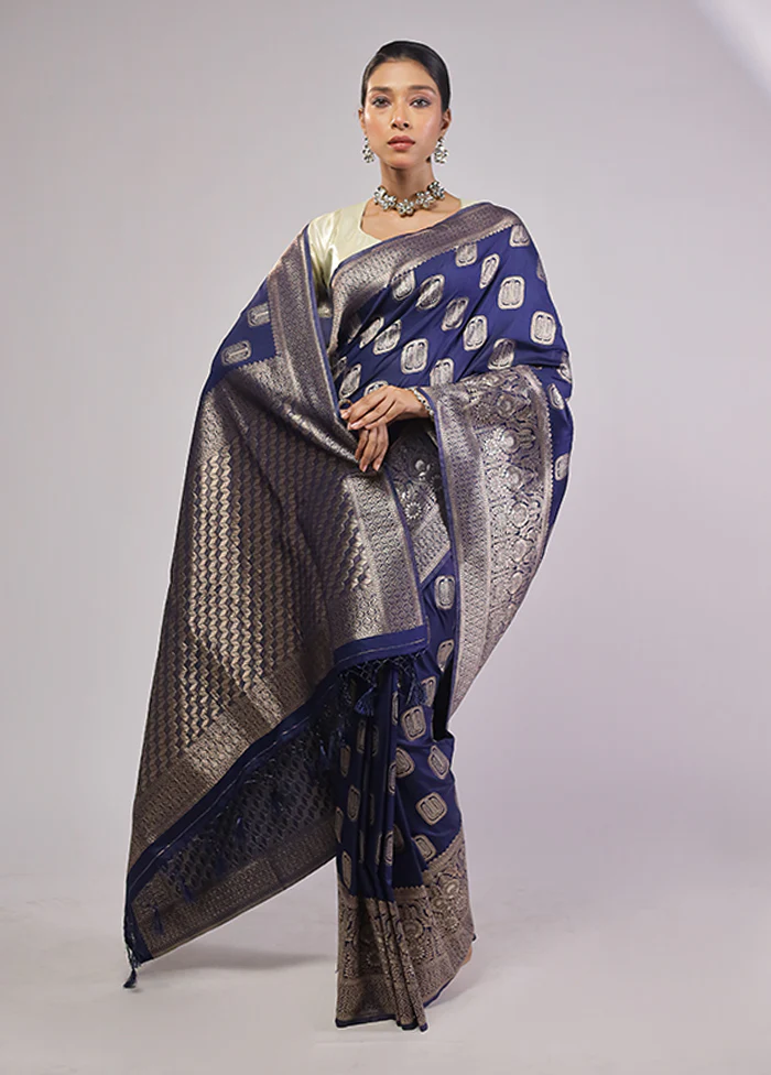 Blue Dupion Silk Saree With Blouse Piece - Image 2