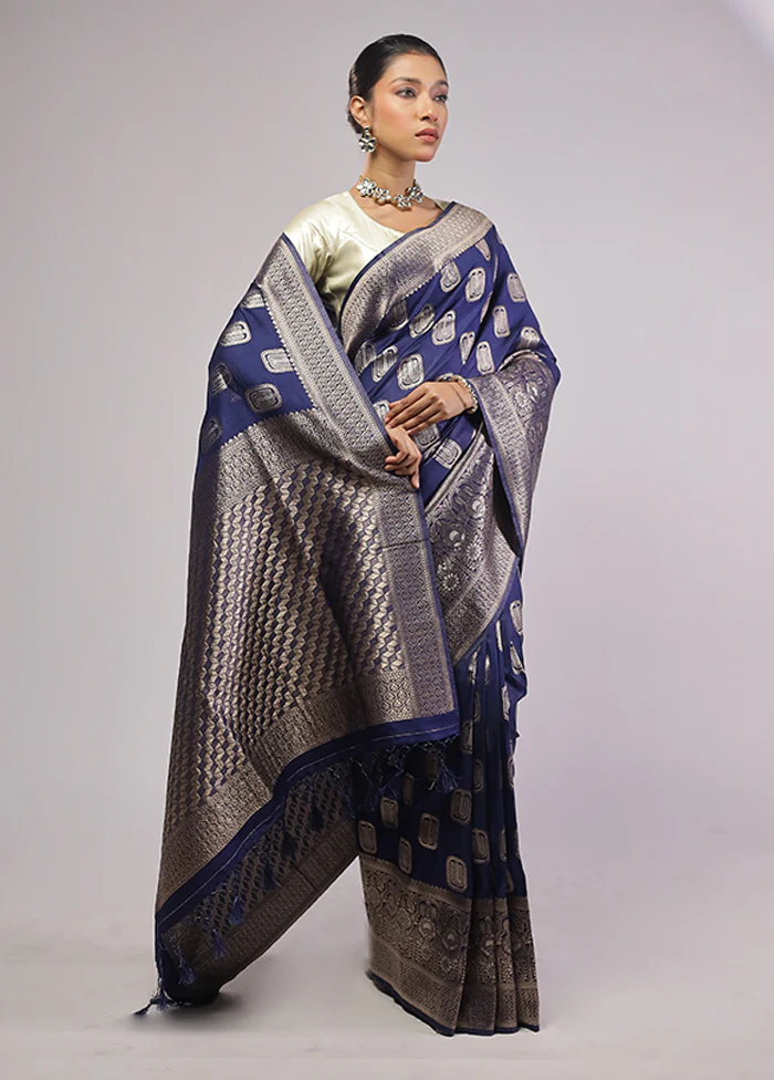 Blue Dupion Silk Saree With Blouse Piece - Image 4