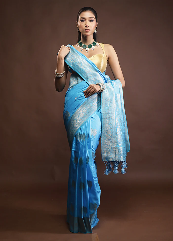 Blue Dupion Silk Saree With Blouse Piece - Image 2