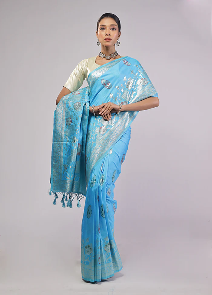 Blue Dupion Silk Saree With Blouse Piece - Image 2