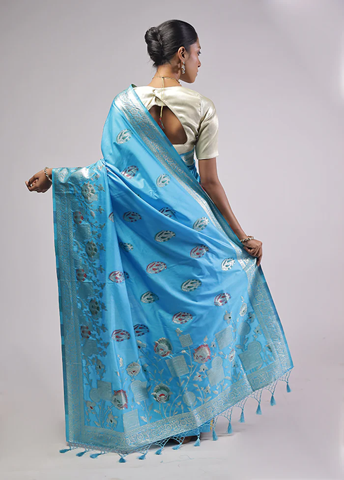 Blue Dupion Silk Saree With Blouse Piece - Image 3