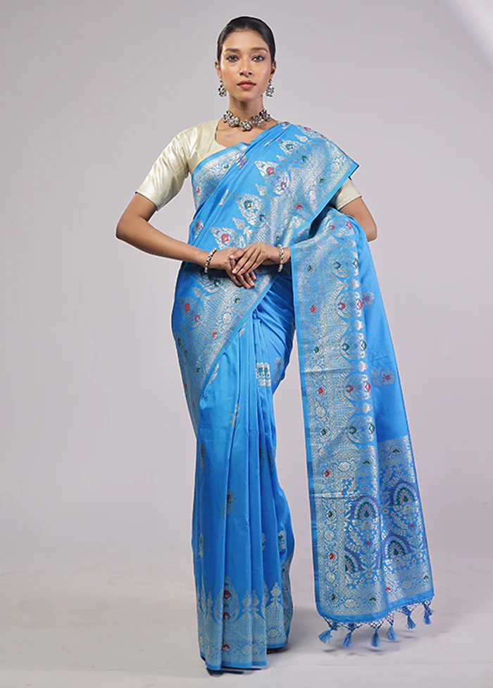 Blue Dupion Silk Saree With Blouse Piece - Image 2