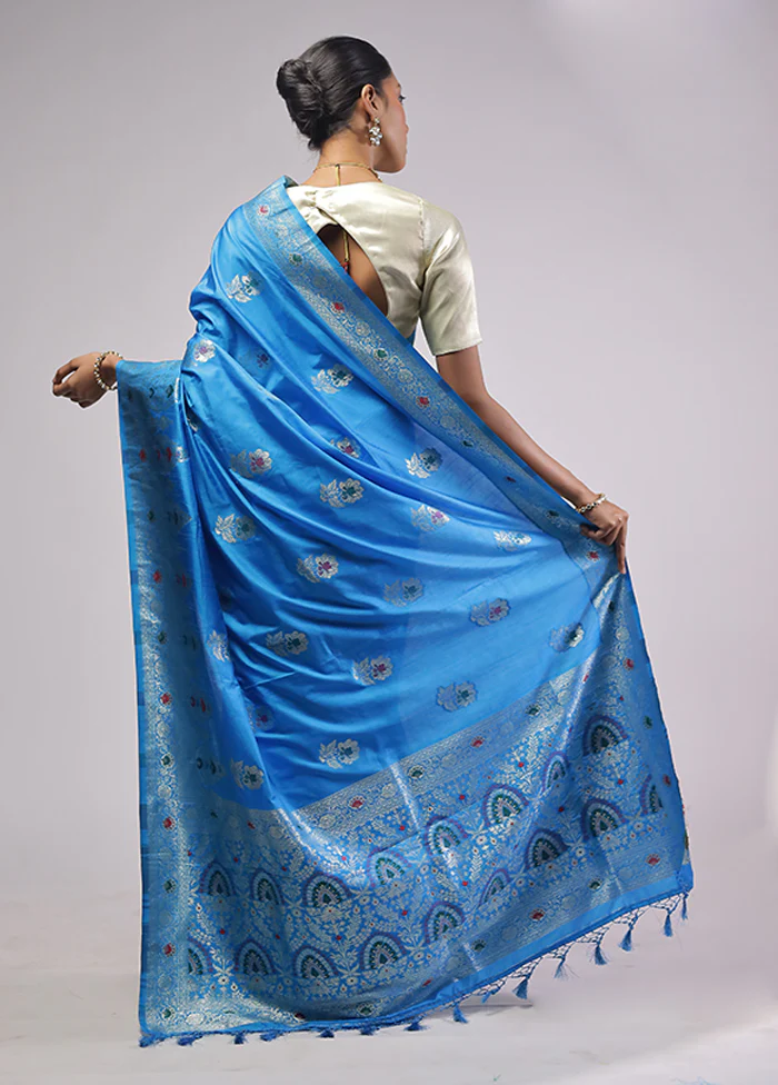 Blue Dupion Silk Saree With Blouse Piece - Image 3