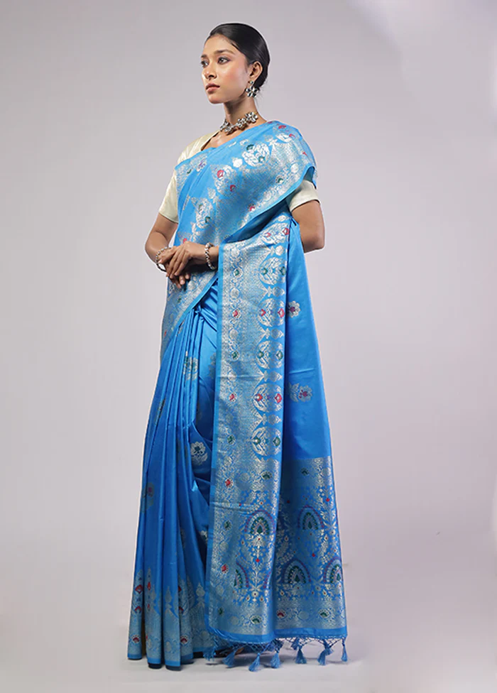 Blue Dupion Silk Saree With Blouse Piece - Image 4