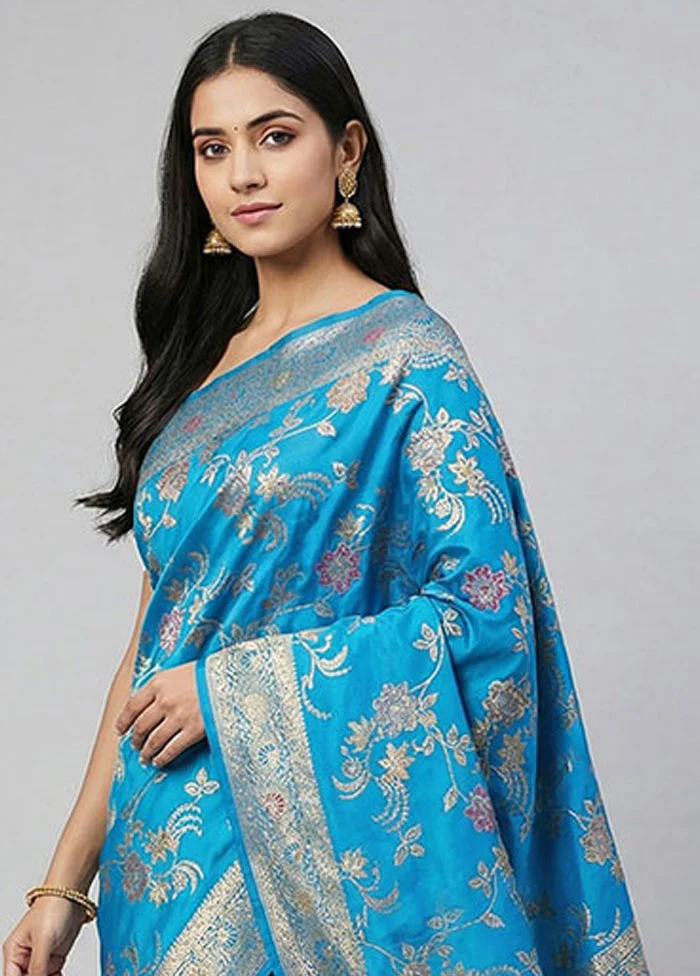 Blue Dupion Silk Saree With Blouse Piece - Image 2