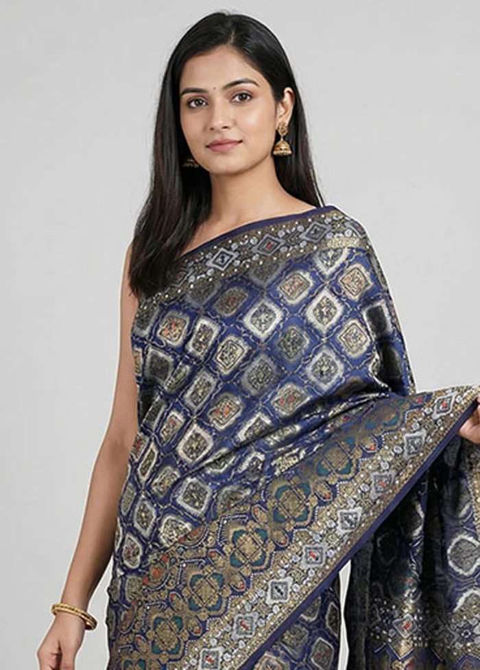 Blue Dupion Silk Saree With Blouse Piece - Image 2