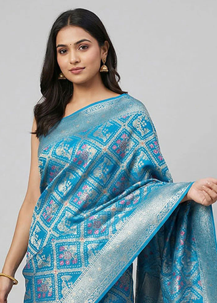 Blue Dupion Silk Saree With Blouse Piece - Image 2