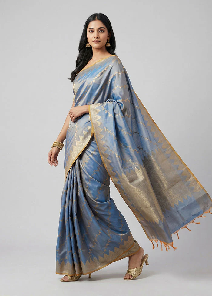 Blue Dupion Silk Saree With Blouse Piece