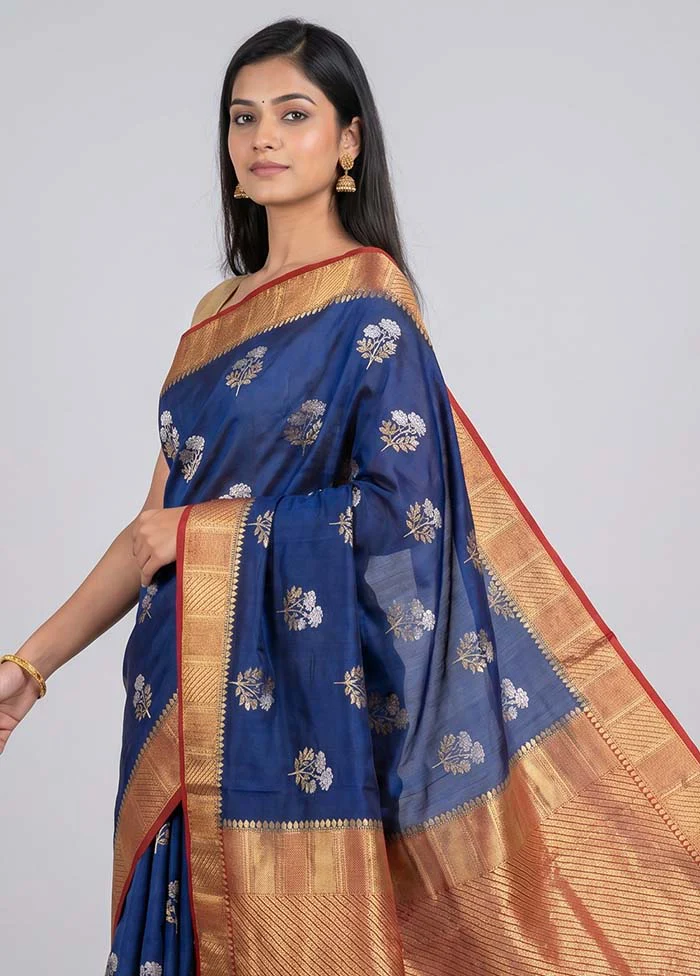 Blue Dupion Silk Saree With Blouse Piece - Image 2