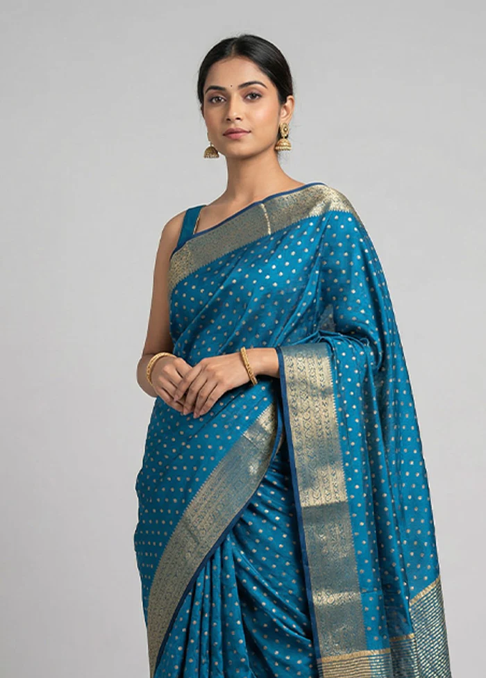 Blue Dupion Silk Saree With Blouse Piece - Image 2