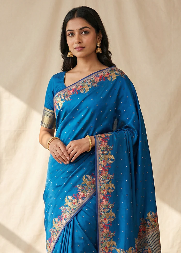 Blue Dupion Silk Saree With Blouse Piece - Image 2