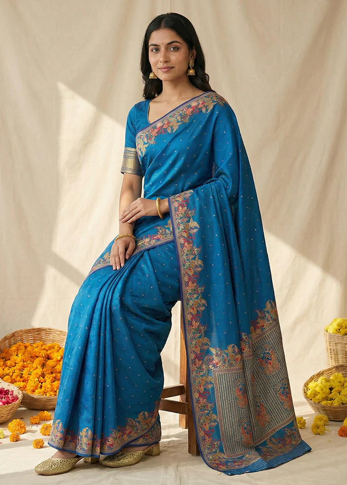 Blue Dupion Silk Saree With Blouse Piece - Image 3