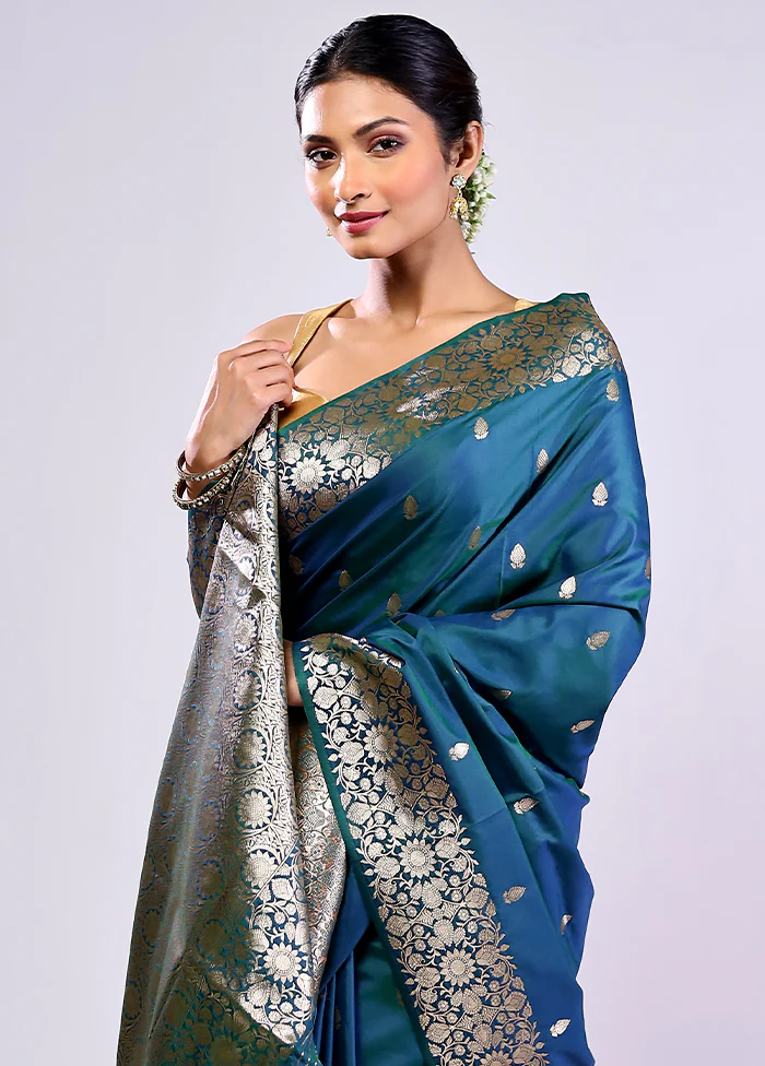 Blue Dupion Silk Saree With Blouse Piece - Image 2