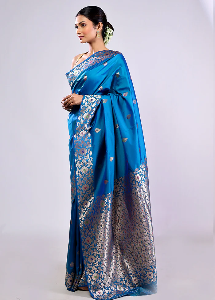 Blue Dupion Silk Saree With Blouse Piece - Image 4