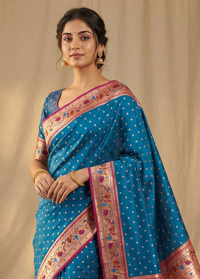 Blue Dupion Silk Saree With Blouse Piece - Image 2
