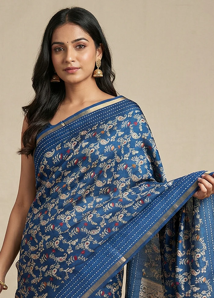 Blue Dupion Silk Saree With Blouse Piece - Image 2