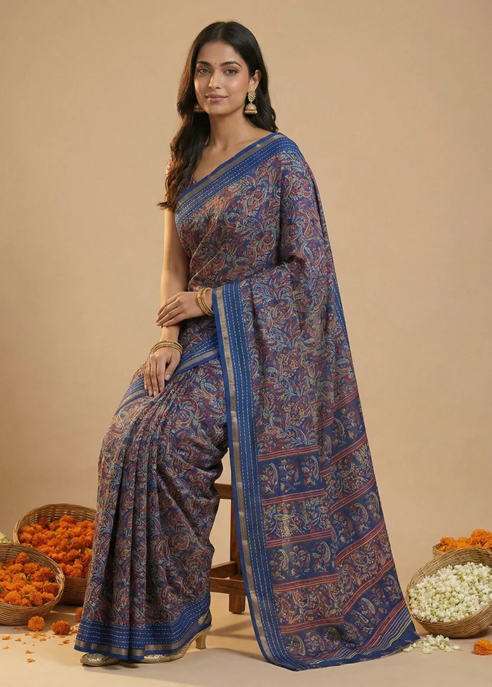 Blue Dupion Silk Saree With Blouse Piece - Image 3
