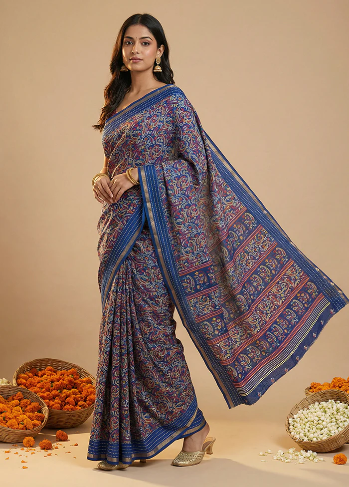 Blue Dupion Silk Saree With Blouse Piece - Image 4