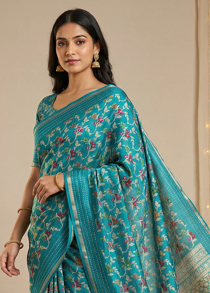 Blue Dupion Silk Saree With Blouse Piece - Image 2