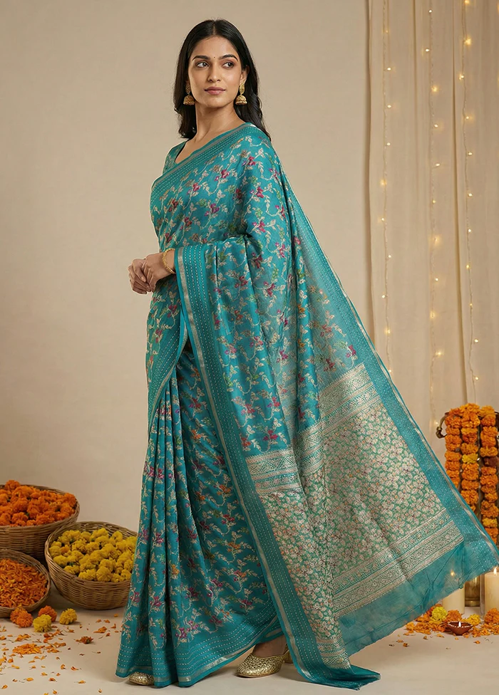 Blue Dupion Silk Saree With Blouse Piece - Image 4