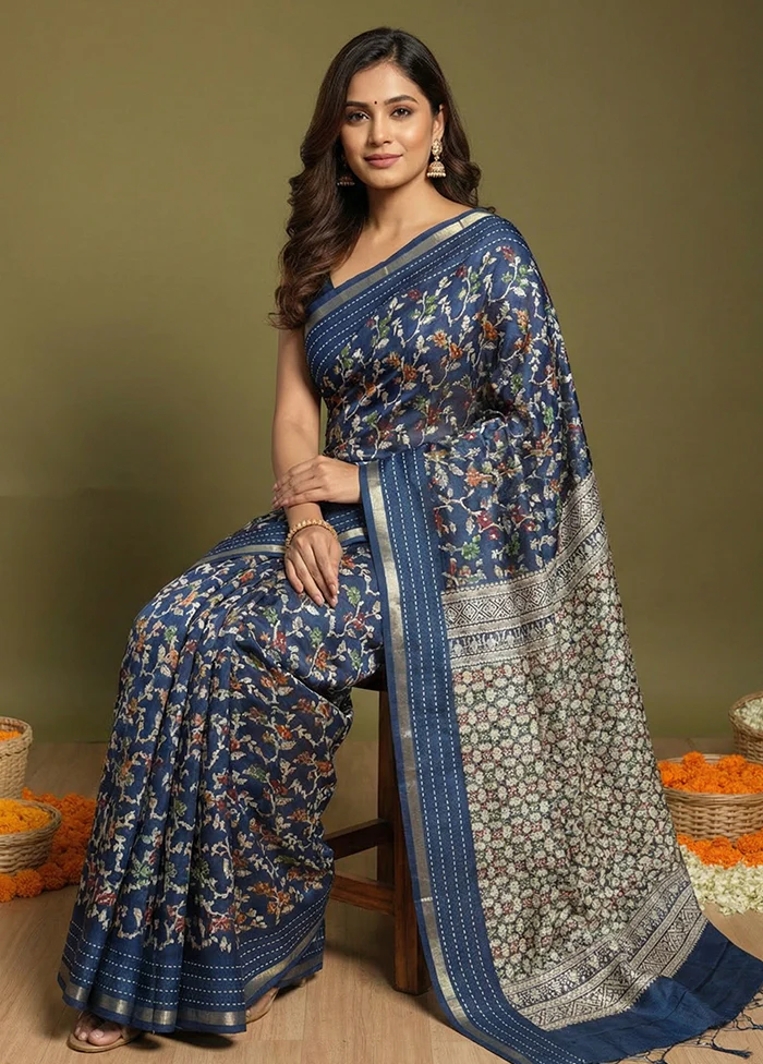Blue Dupion Silk Saree With Blouse Piece - Image 3