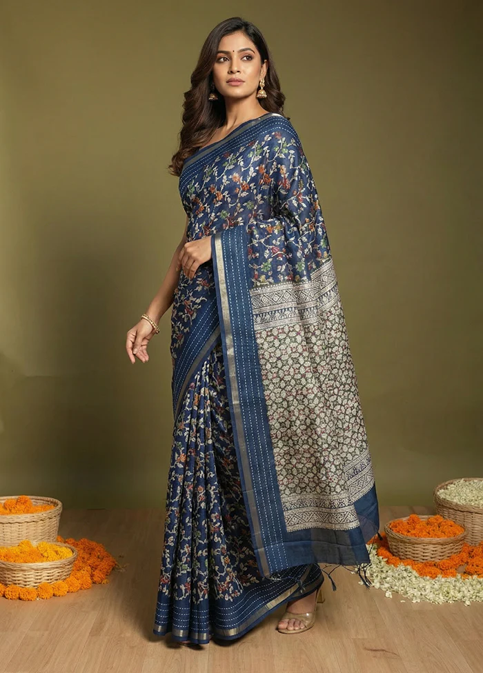 Blue Dupion Silk Saree With Blouse Piece - Image 4