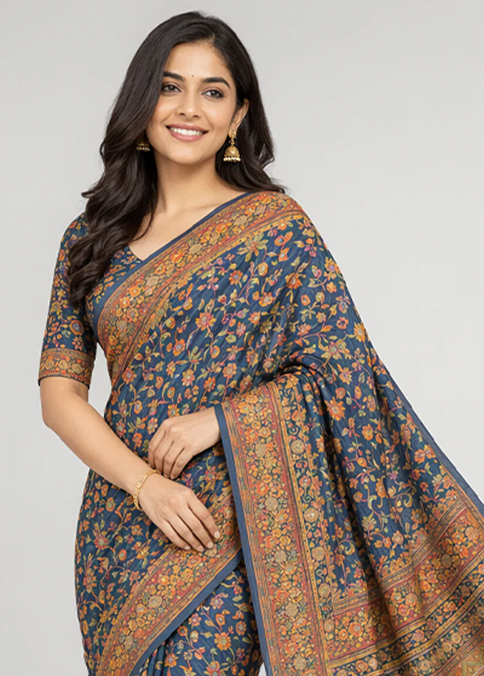 Blue Dupion Silk Saree With Blouse Piece - Image 2