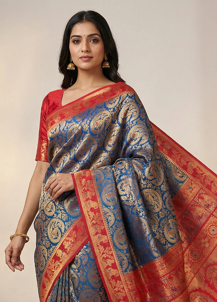 Blue Dupion Silk Saree With Blouse Piece - Image 2