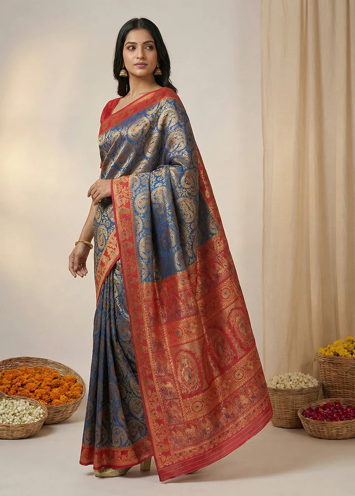 Blue Dupion Silk Saree With Blouse Piece - Image 4