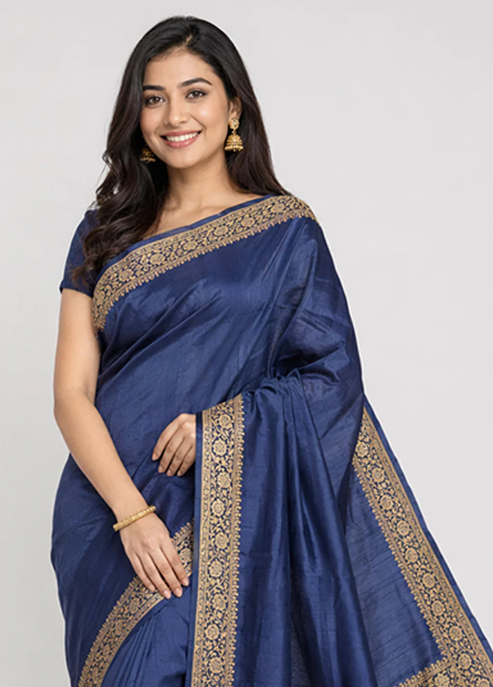 Blue Dupion Silk Saree With Blouse Piece - Image 2