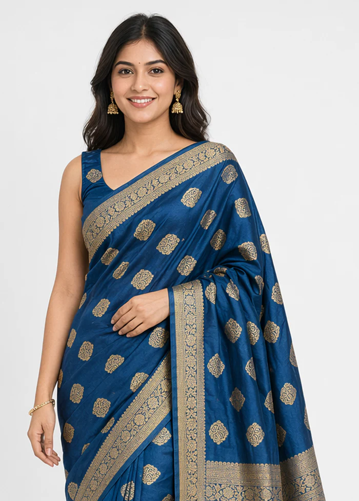 Blue Dupion Silk Saree With Blouse Piece - Image 2