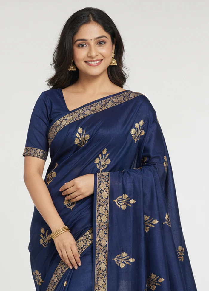 Blue Dupion Silk Saree With Blouse Piece - Image 2