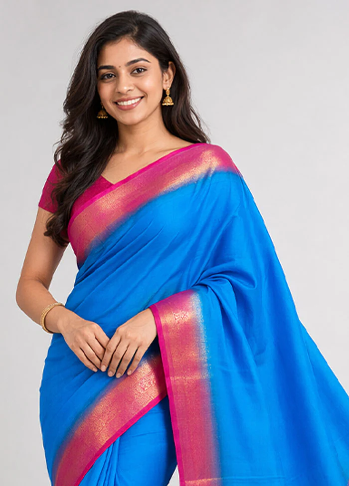 Blue Dupion Silk Saree With Blouse Piece - Image 2