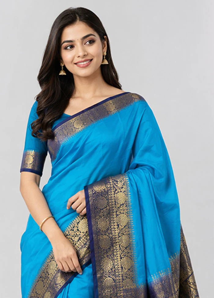 Blue Dupion Silk Saree With Blouse Piece - Image 2
