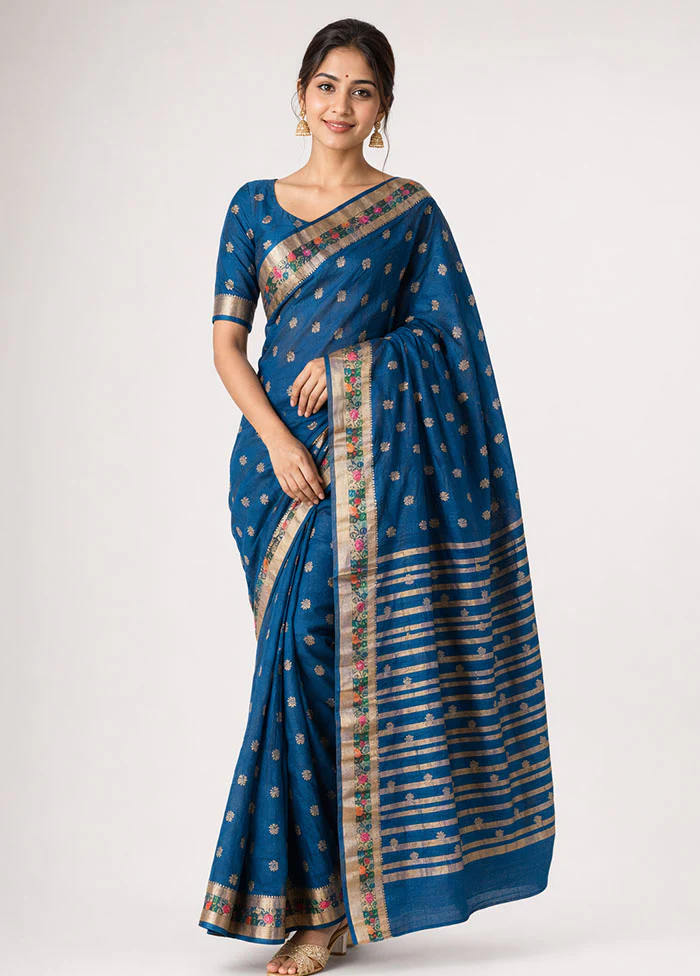 Blue Dupion Silk Saree With Blouse Piece