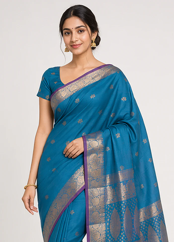 Blue Dupion Silk Saree With Blouse Piece - Image 2